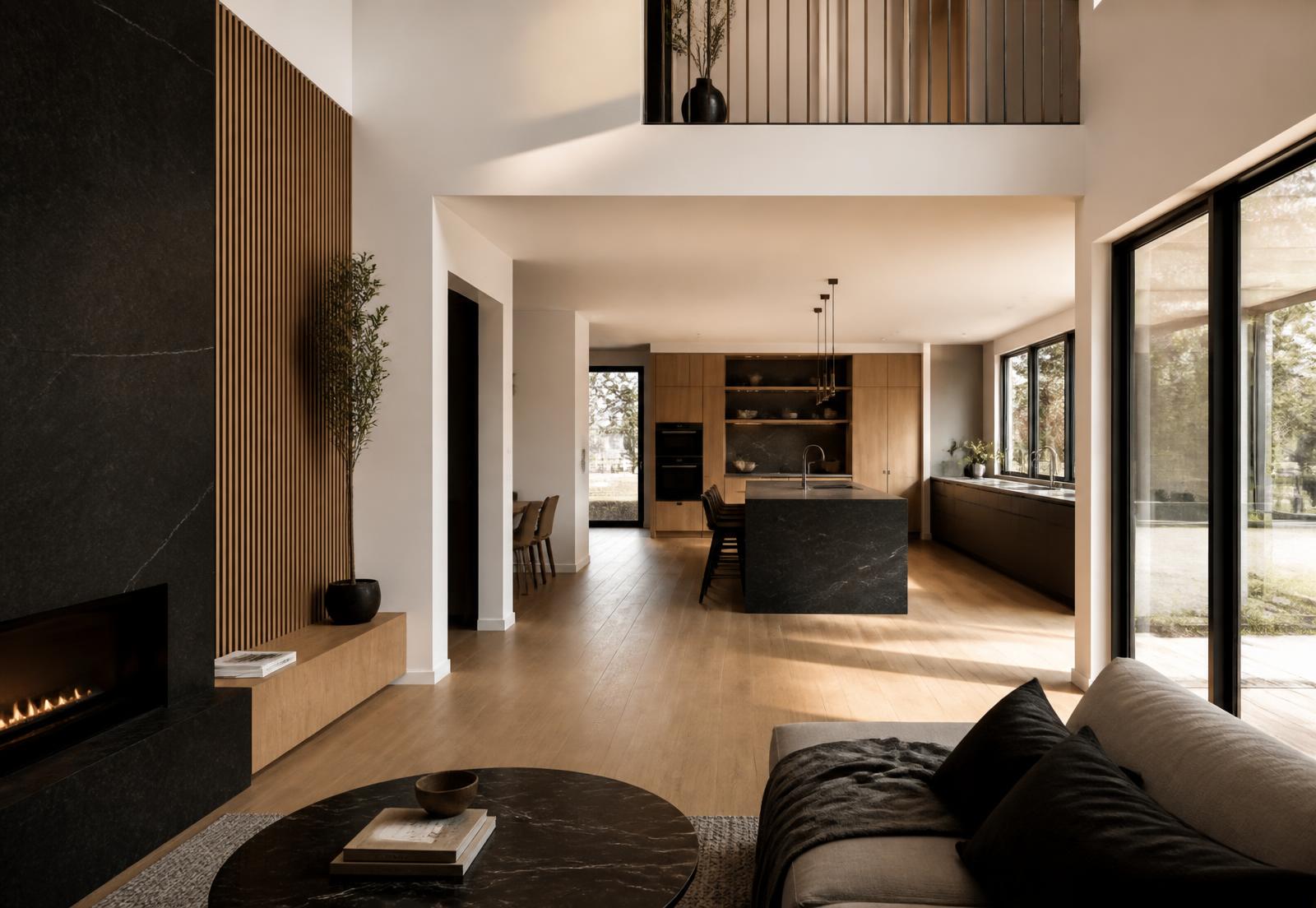 Renovated open-concept living and kitchen space with warm oak floors and charcoal detailing